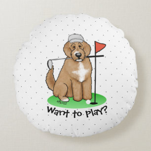 Goldendoodle Dog Playing Golf (red whmk2) Cute Fun Round Cushion