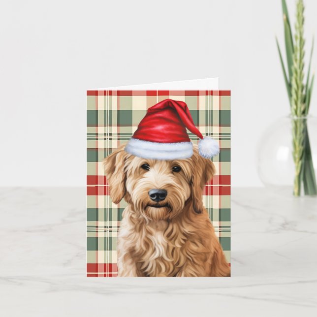 Goldendoodle Dog Red Green Plaid Christmas Holiday Card (Front)