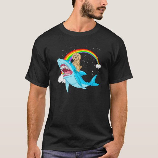Goldendoodle Dog Riding Cute Shark Girls Rainbow P T-Shirt (Front)