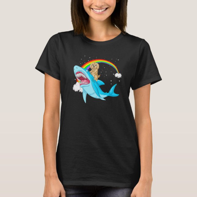 Goldendoodle Dog Riding Cute Shark Girls Rainbow P T-Shirt (Front)