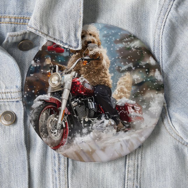 Goldendoodle Dog Riding Motorcycle Christmas  6 Cm Round Badge (In Situ)