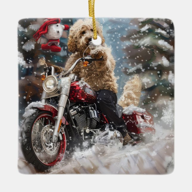 Goldendoodle Dog Riding Motorcycle Christmas  Ceramic Ornament (Front)