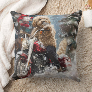 Goldendoodle Dog Riding Motorcycle Christmas Cushion
