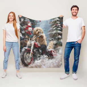 Goldendoodle Dog Riding Motorcycle Christmas  Fleece Blanket