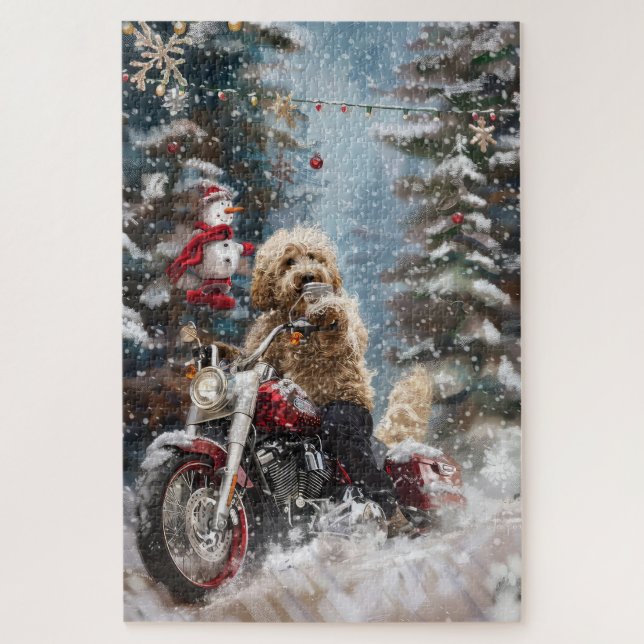 Goldendoodle Dog Riding Motorcycle Christmas  Jigsaw Puzzle (Vertical)