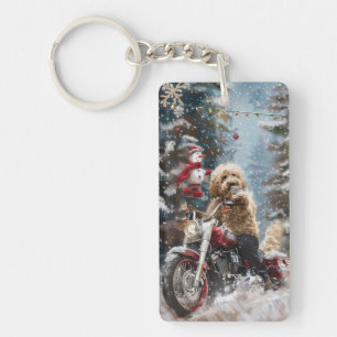 Goldendoodle Dog Riding Motorcycle Christmas  Key Ring
