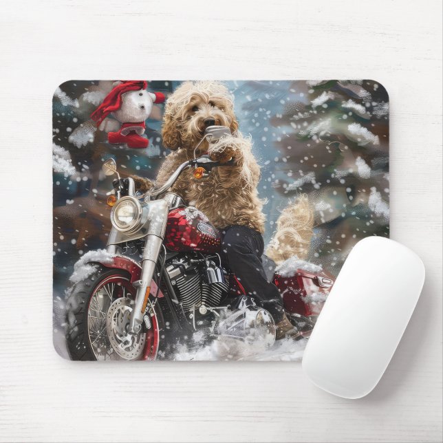 Goldendoodle Dog Riding Motorcycle Christmas  Mouse Mat (With Mouse)