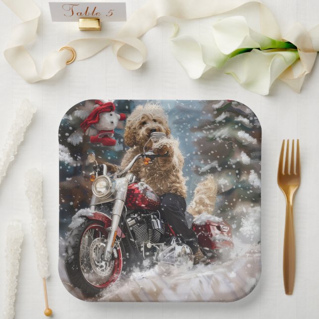 Goldendoodle Dog Riding Motorcycle Christmas  Paper Plate (Wedding)