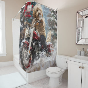 Goldendoodle Dog Riding Motorcycle Christmas Shower Curtain