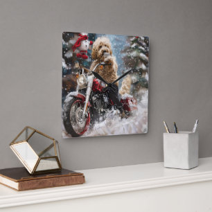 Goldendoodle Dog Riding Motorcycle Christmas Square Wall Clock