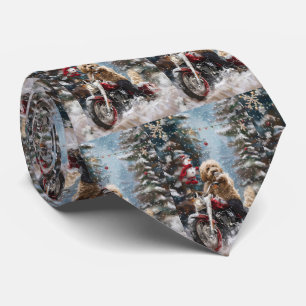 Goldendoodle Dog Riding Motorcycle Christmas  Tie