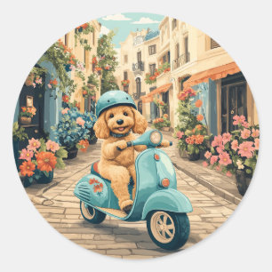 Goldendoodle Dog Riding Scooter European Streets Classic Round Sticker