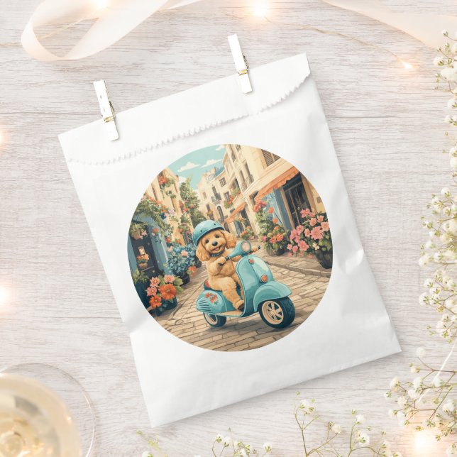 Goldendoodle Dog Riding Scooter European Streets Favour Bags (Clipped)