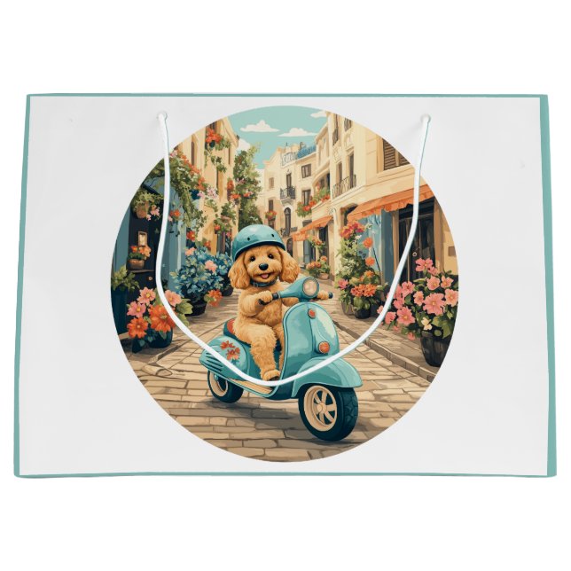 Goldendoodle Dog Riding Scooter European Streets Large Gift Bag (Front)