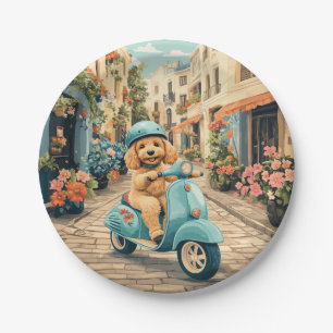 Goldendoodle Dog Riding Scooter European Streets Paper Plate
