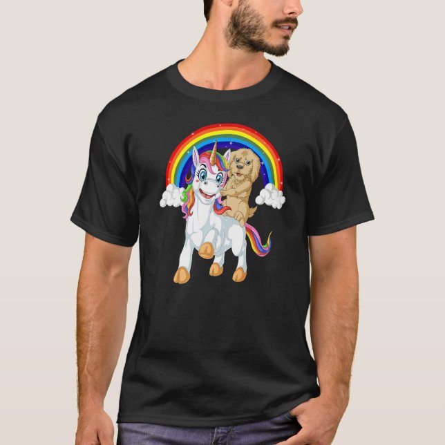 Goldendoodle Dog Riding Unicorn Rainbow Girls & Ki T-Shirt (Front)