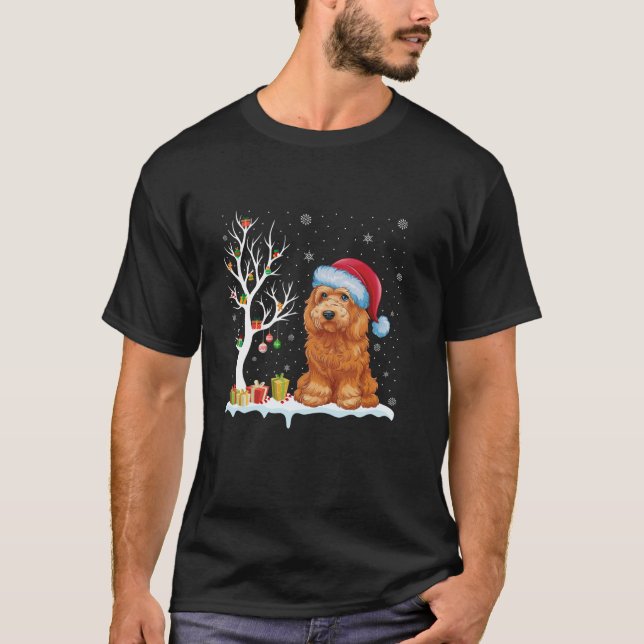 Goldendoodle Dog Santa Hat Festive Tree Light Xmas T-Shirt (Front)