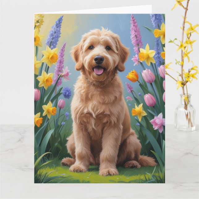 Goldendoodle Dog Spring Flowers Painting Card (Yellow Flower)