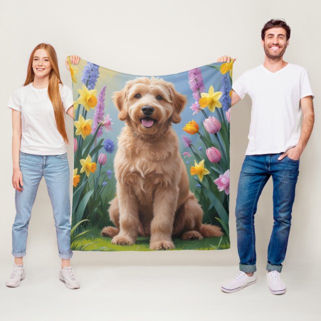 Goldendoodle Dog Spring Flowers Painting Fleece Blanket (In Situ)