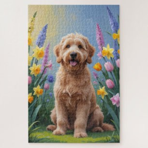 Goldendoodle Dog Spring Flowers Painting Jigsaw Puzzle