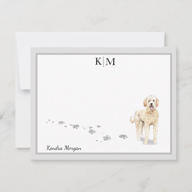 Goldendoodle Dog Standing Grey Border Monogram Card (Front)