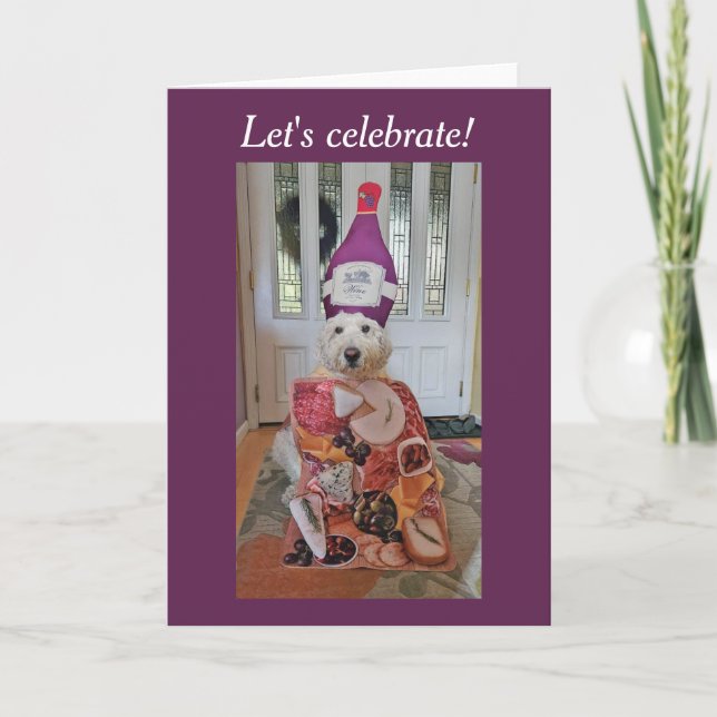 Goldendoodle dog wine and cheese celebration  card (Front)
