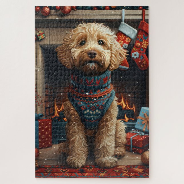 Goldendoodle Dog With Christmas Gifts Fireplace Jigsaw Puzzle (Vertical)