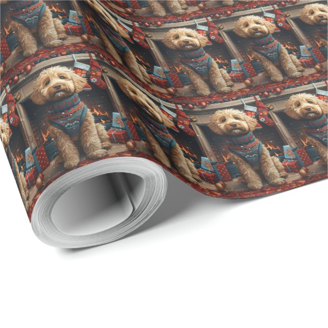 Goldendoodle Dog With Christmas Gifts Fireplace Wrapping Paper (Roll Corner)