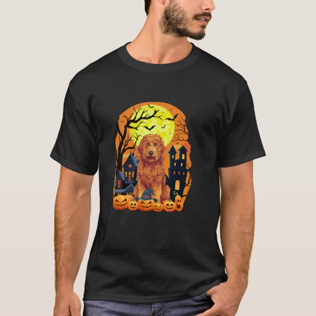 Goldendoodle Dog With Pumpkins Funny Scary Hallowe T-Shirt (Front)