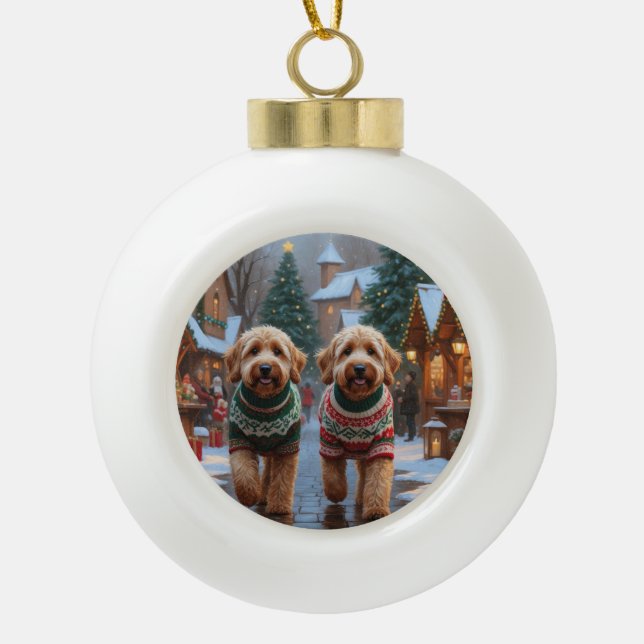 Goldendoodle Dogs Christmas Snow Holiday Ceramic Ball Christmas Ornament (Front)