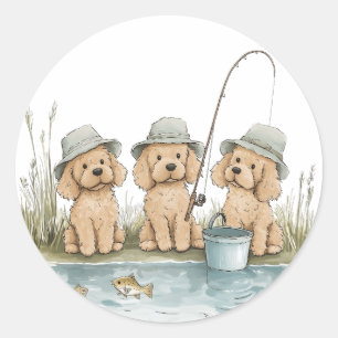Goldendoodle Dogs Fishing Classic Round Sticker