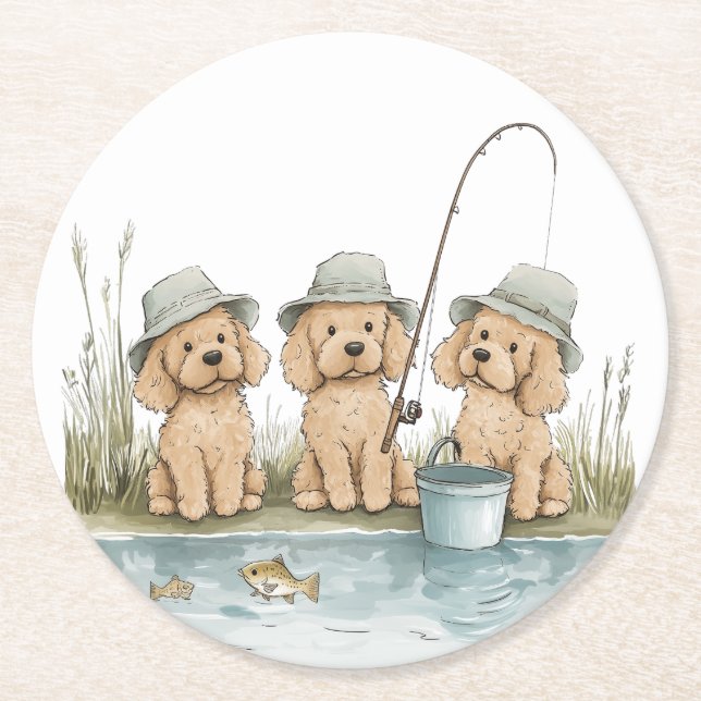 Goldendoodle Dogs Fishing Round Paper Coaster (Front)