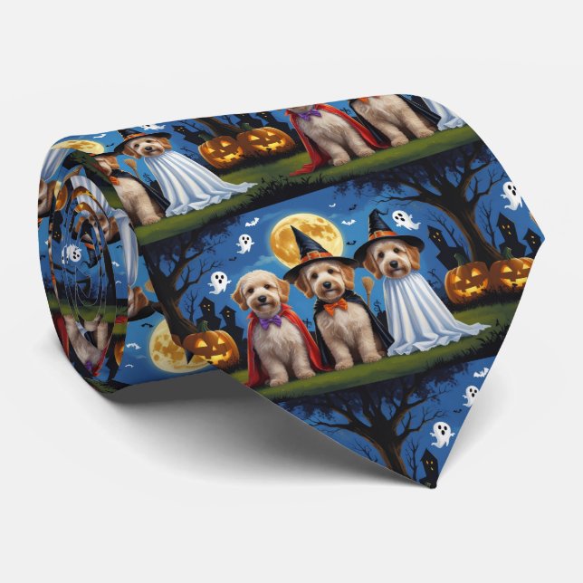 Goldendoodle Dogs Pumpkin Halloween Funny Tie (Rolled)