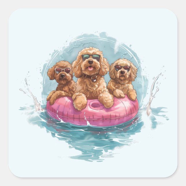 Goldendoodle Dogs Summer Pineapple Pool Float Square Sticker (Front)