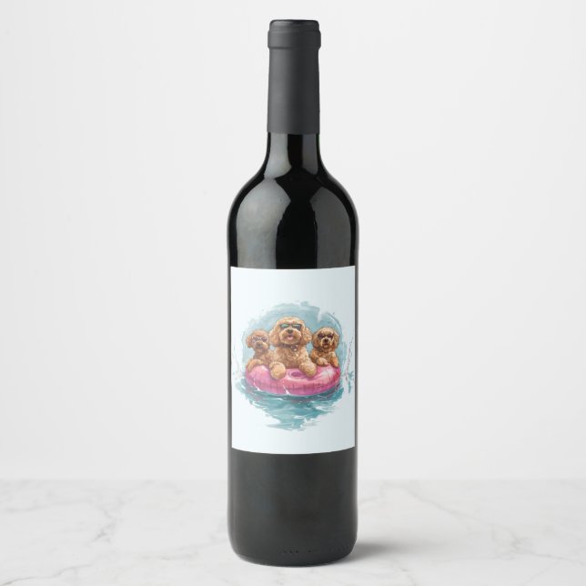 Goldendoodle Dogs Summer Pineapple Pool Float Wine Label (Front)