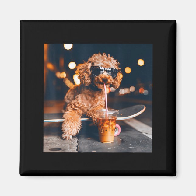 Goldendoodle drinking iced coffee funny animal mem magnet (Front)