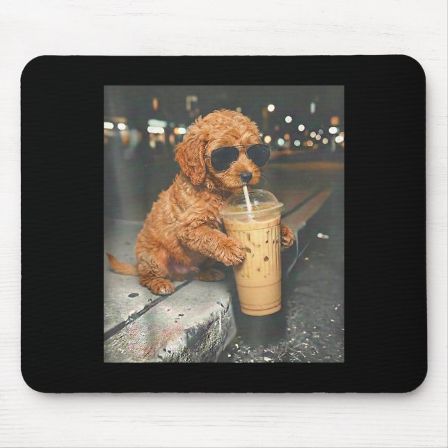 Goldendoodle drinking iced coffee funny dog memeGo Mouse Mat (Front)