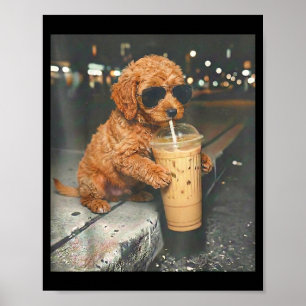 Goldendoodle drinking iced coffee funny dog memeGo Poster