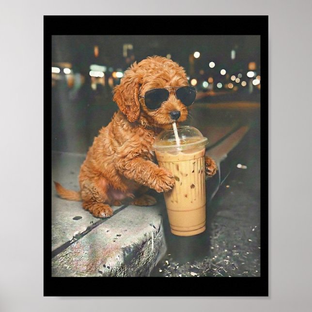 Goldendoodle drinking iced coffee funny dog memeGo Poster (Front)