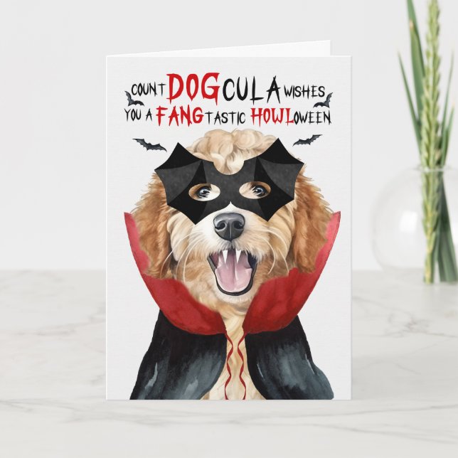 Goldendoodle Funny Count DOGcula Halloween Holiday Card (Front)