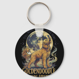 Goldendoodle howling to the moon vintage dog art key ring