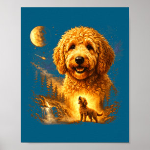 Goldendoodle howling to the moon vintage mystical poster