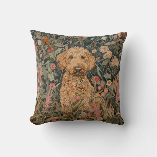Goldendoodle in a William Morris Style Garden Cushion (Front)