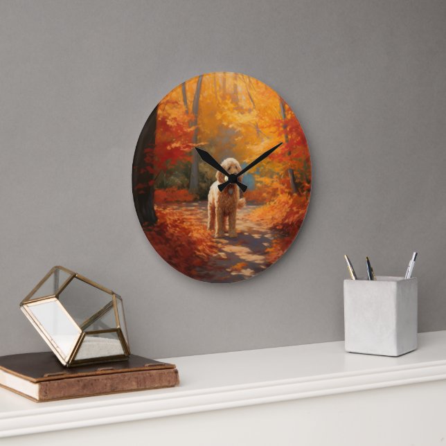 Goldendoodle in Autumn Leaves Fall Inspire  Large Clock (Office)
