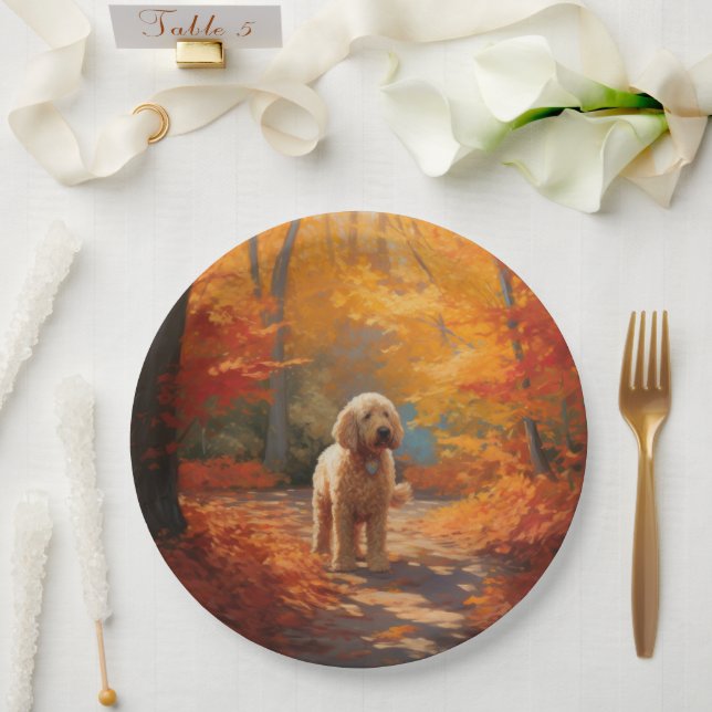 Goldendoodle in Autumn Leaves Fall Inspire  Paper Plate (Wedding)