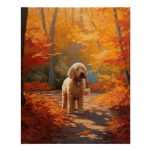 Goldendoodle in Autumn Leaves Fall Inspire Poster