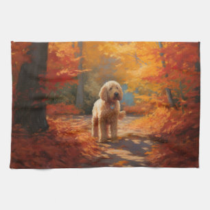 Goldendoodle in Autumn Leaves Fall Inspire Tea Towel