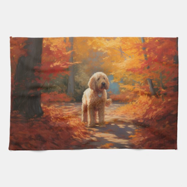 Goldendoodle in Autumn Leaves Fall Inspire  Tea Towel (Horizontal)