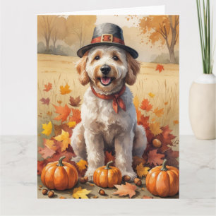 Goldendoodle In Autumn Leaves Thanksgiving Art  Card