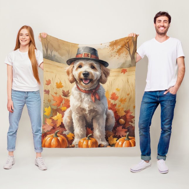 Goldendoodle In Autumn Leaves Thanksgiving Art  Fleece Blanket (In Situ)